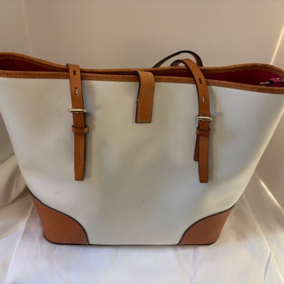 Dooney Bourke Claremont Dover Large Leather Tote Ivory Camel Trim - Picture 3 of 9